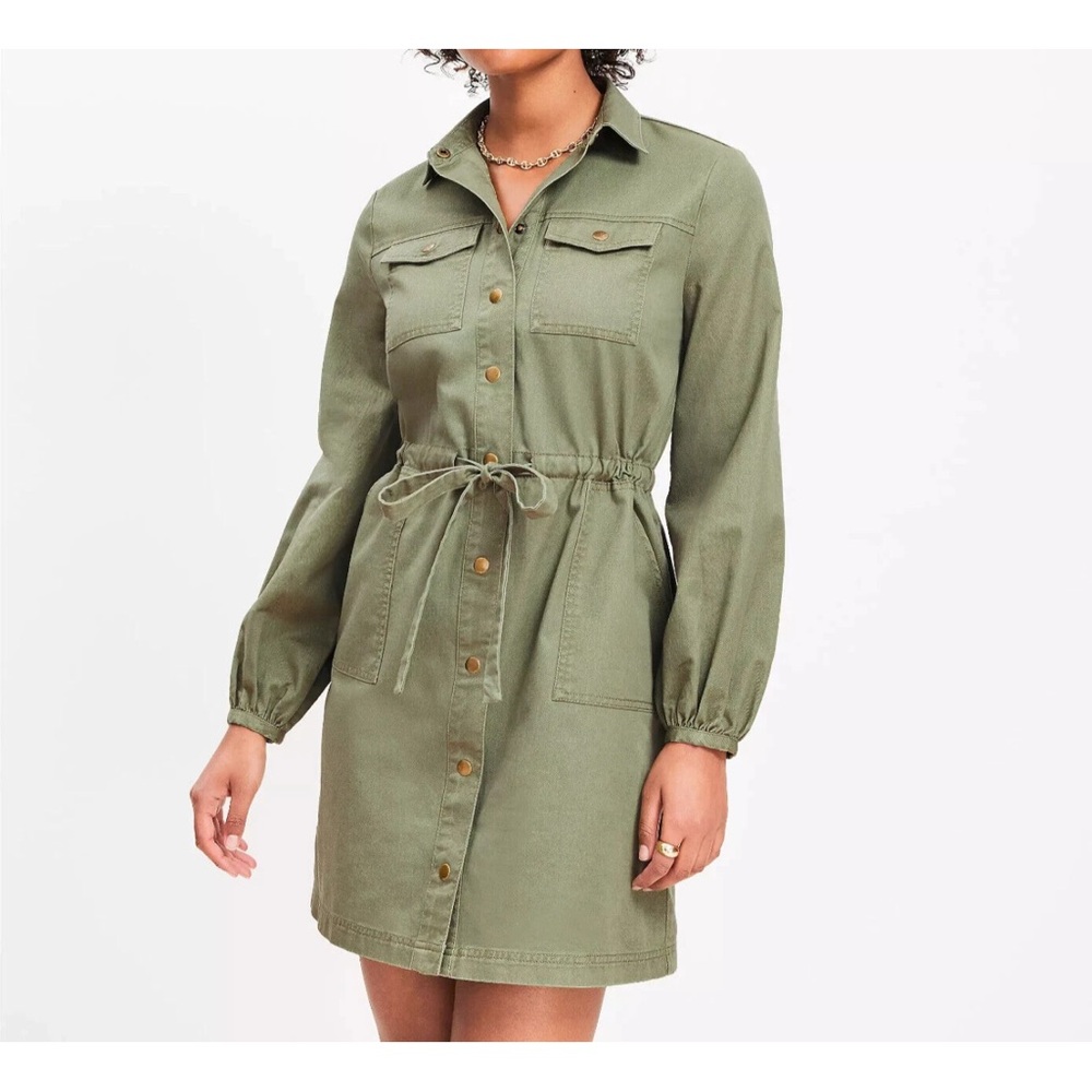LOFT Olive Green Button Pocket Shirt Dress